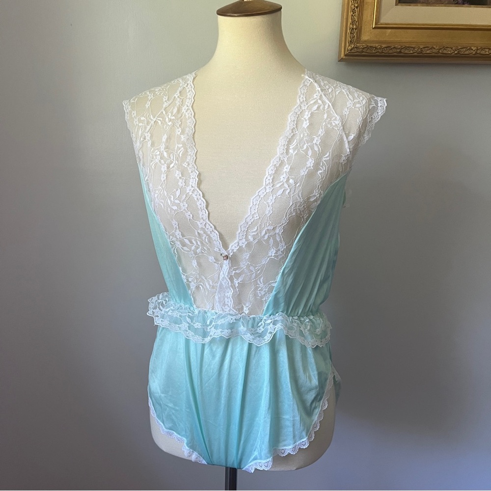 Vintage 90s Seafoam Green Teddy Bodysuit Lace Trim